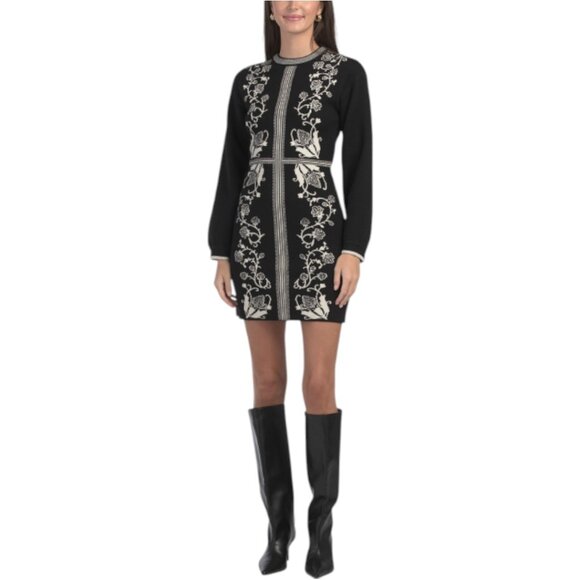 ZOE & CLAIRE Long Sleeve Crew Neck Placed Floral Sweater Mini Dress - Picture 1 of 3